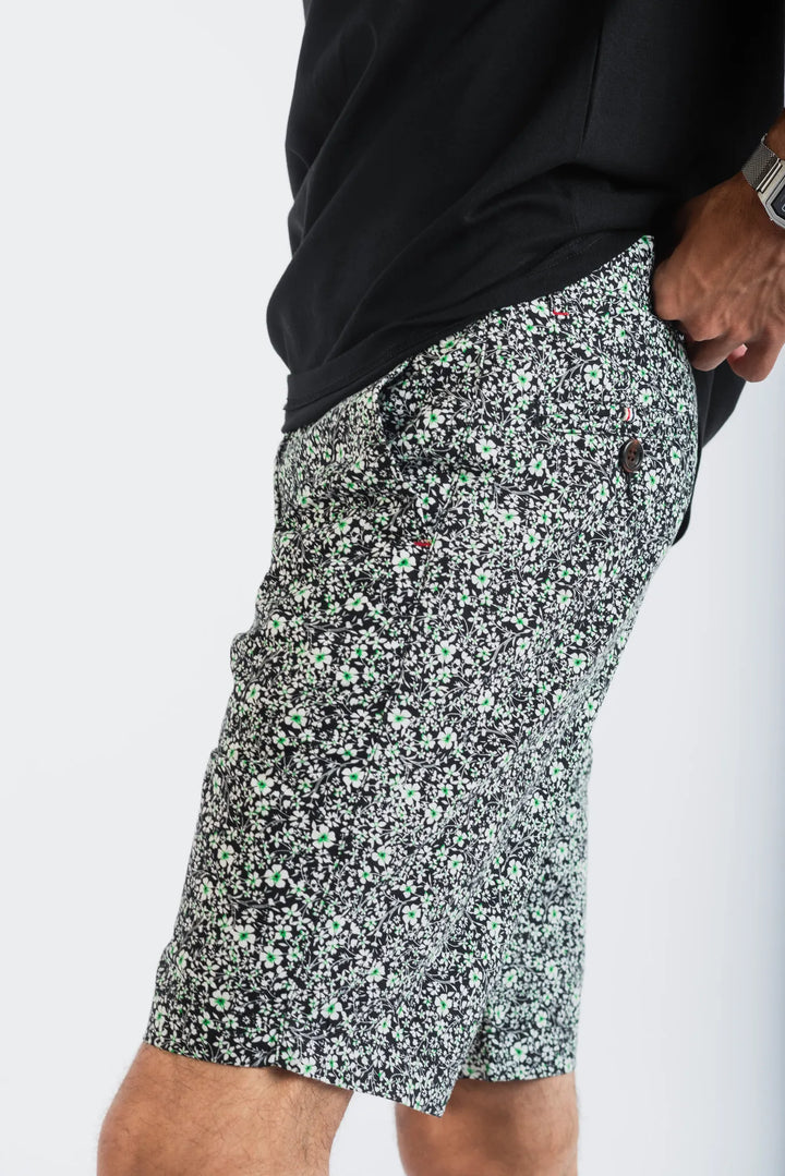 Cotton Black Floral Printed Woven Shorts for Men
