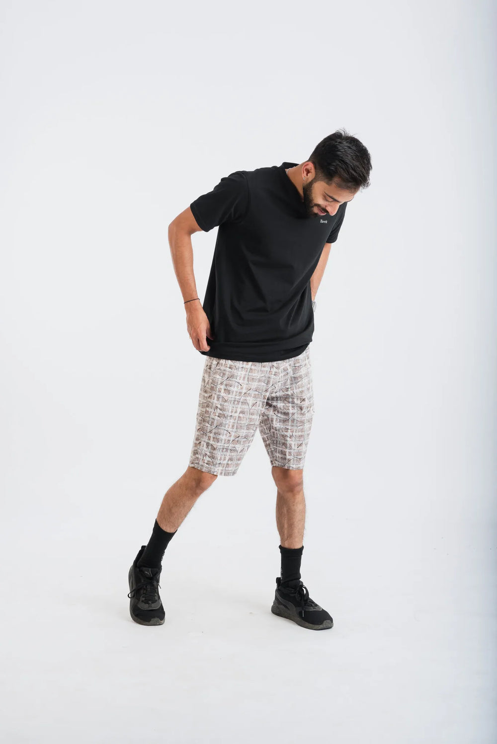Cotton Plaid Black Leaf Printed Woven Shorts for Men