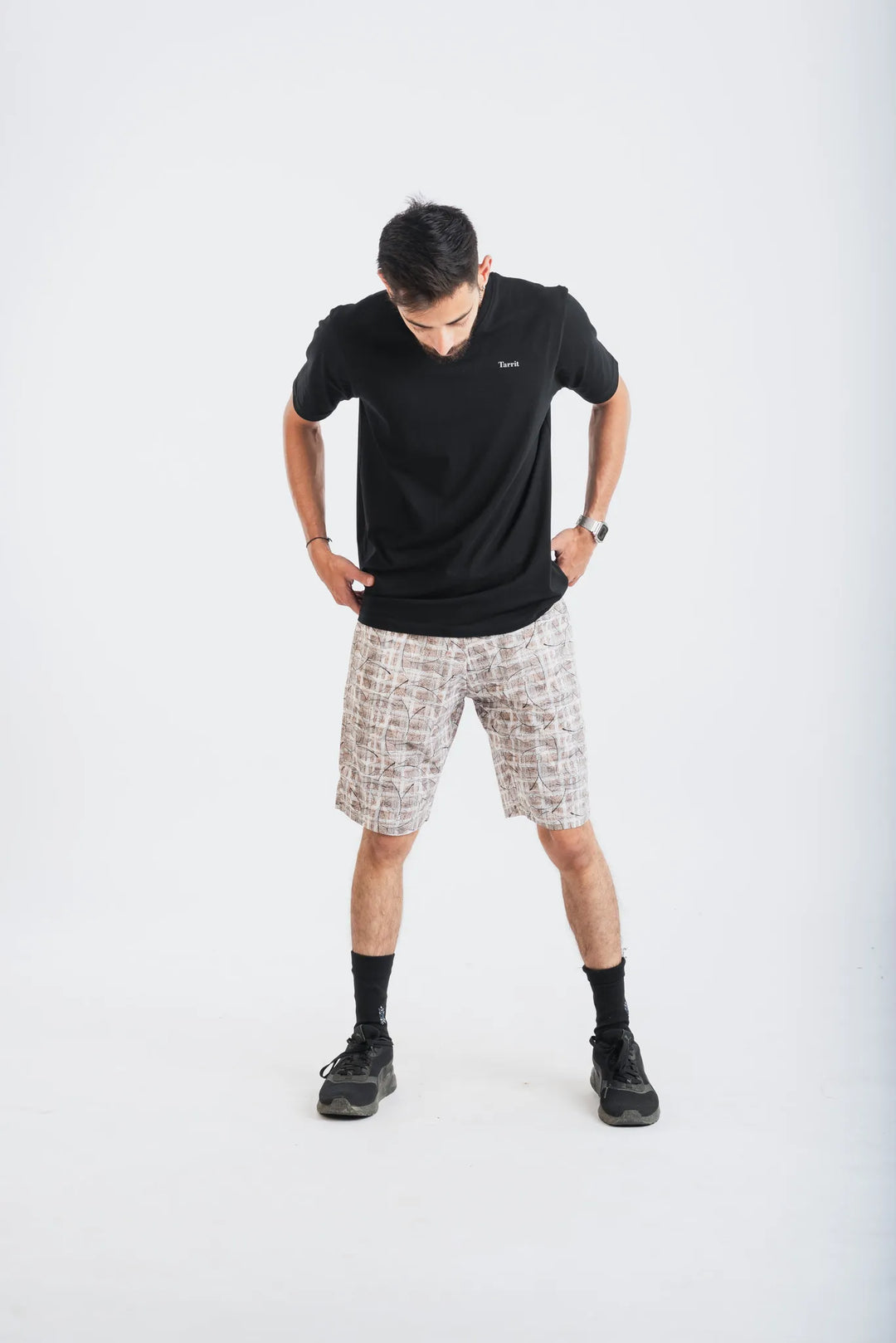 Cotton Plaid Black Leaf Printed Woven Shorts for Men
