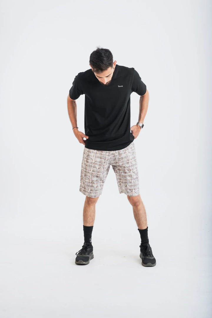 Cotton Plaid Black Leaf Printed Woven Shorts for Men