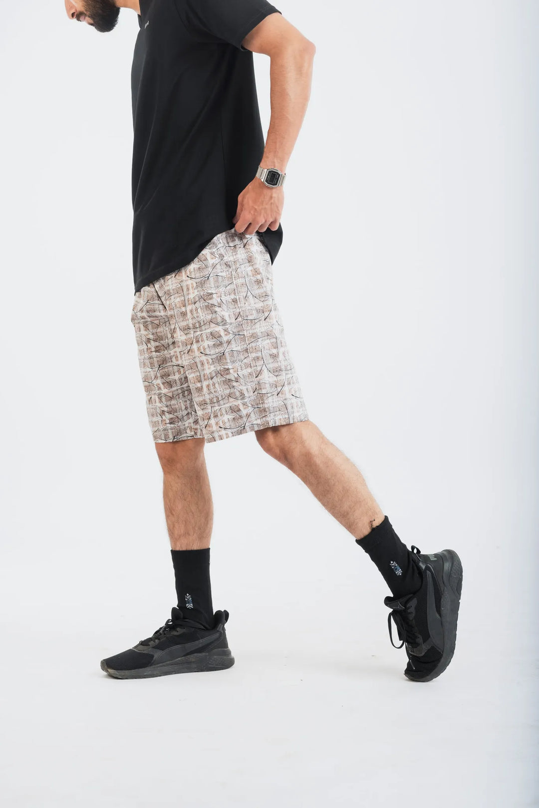 Cotton Plaid Black Leaf Printed Woven Shorts for Men