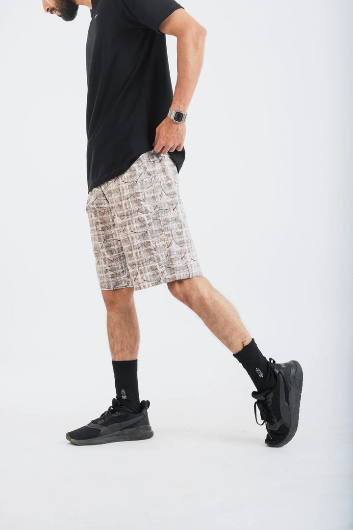Cotton Plaid Black Leaf Printed Woven Shorts for Men
