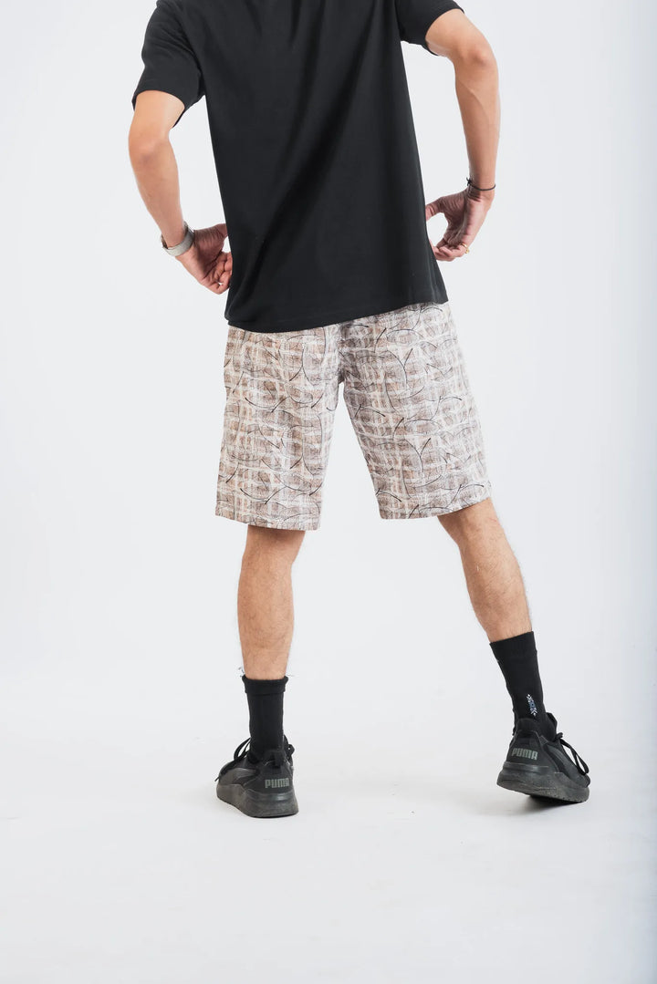 Cotton Plaid Black Leaf Printed Woven Shorts for Men