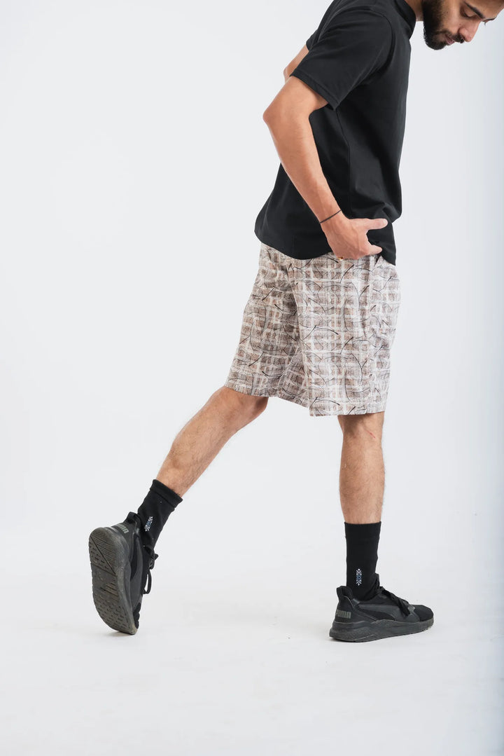 Cotton Plaid Black Leaf Printed Woven Shorts for Men