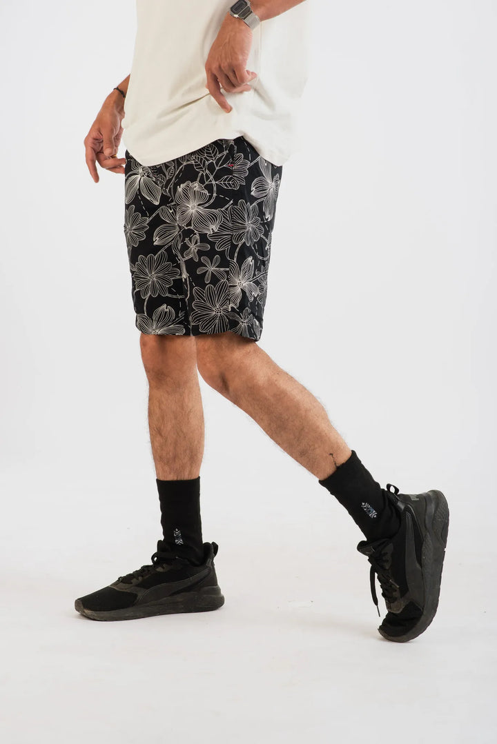 Cotton Black White Floral Printed Woven Shorts for Men