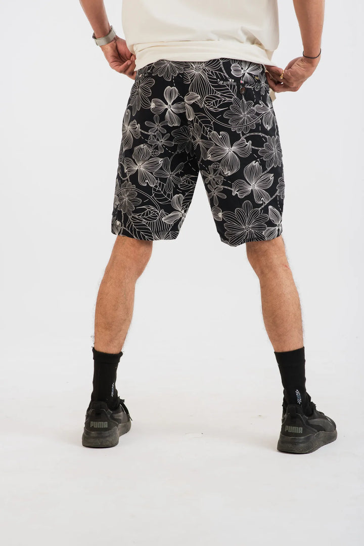 Cotton Black White Floral Printed Woven Shorts for Men