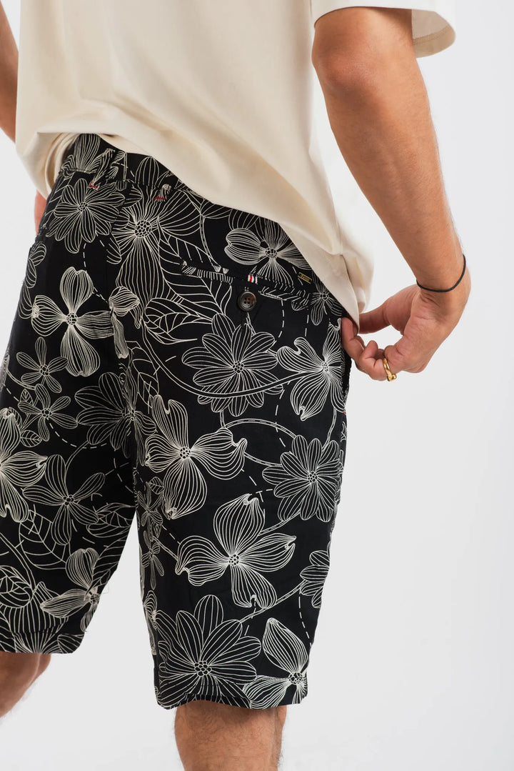 Cotton Black White Floral Printed Woven Shorts for Men
