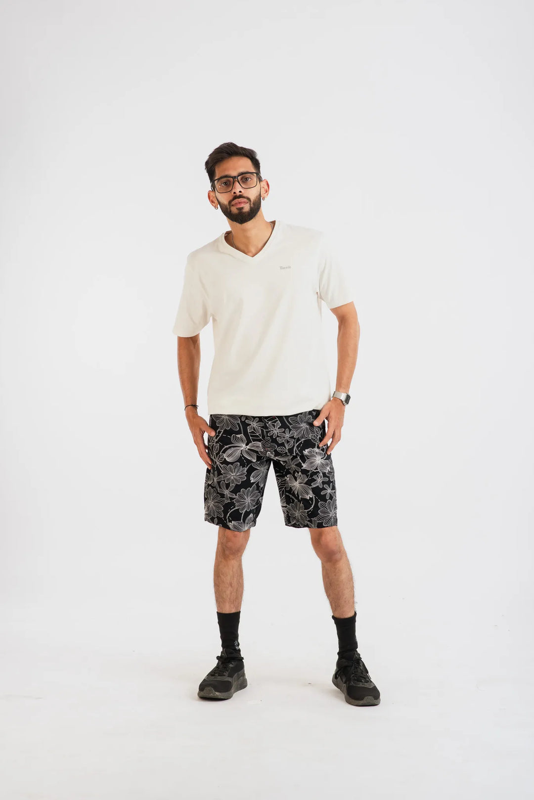 Cotton Black White Floral Printed Woven Shorts for Men