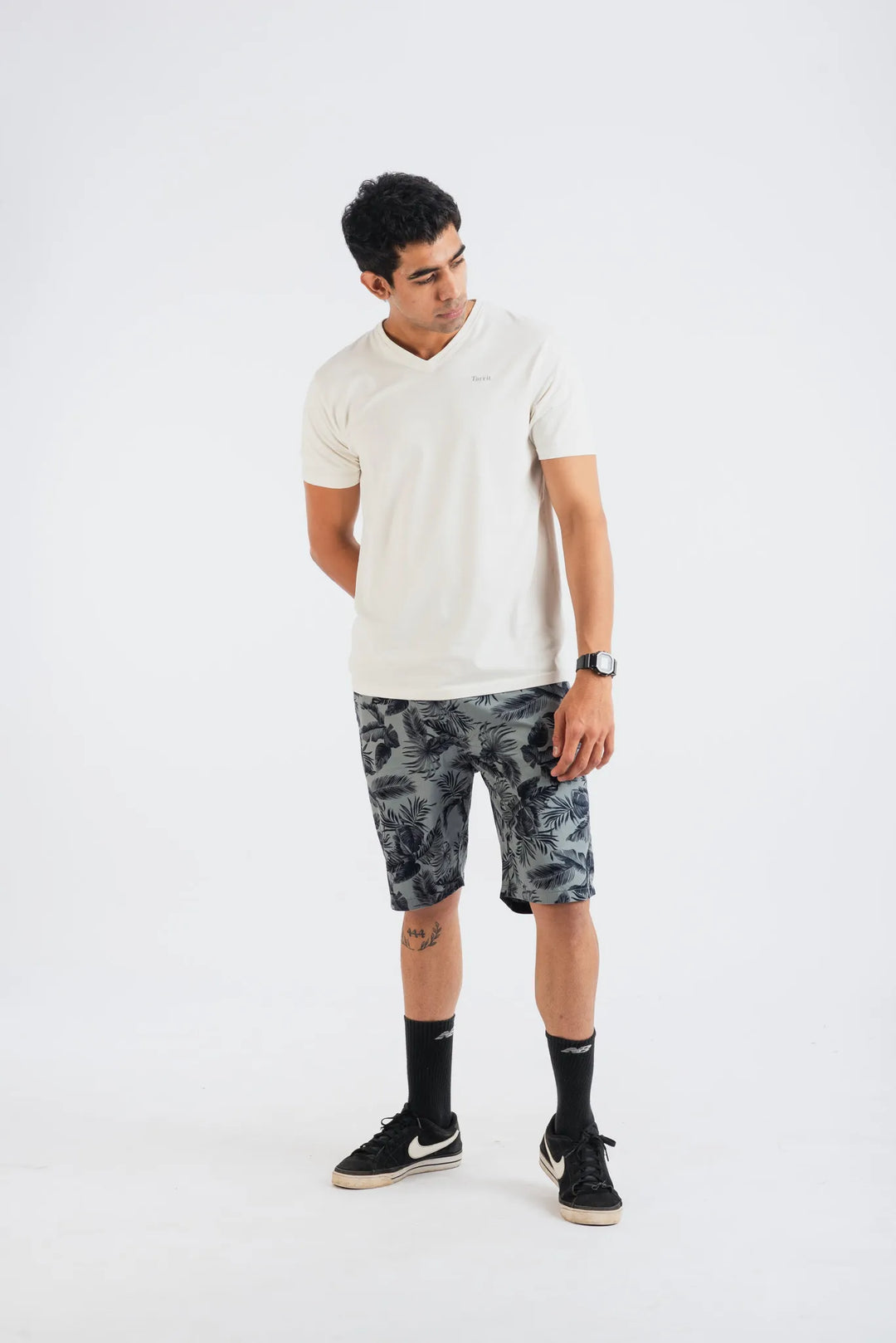 Cotton Grey Black Leaf Printed Woven Shorts for Men
