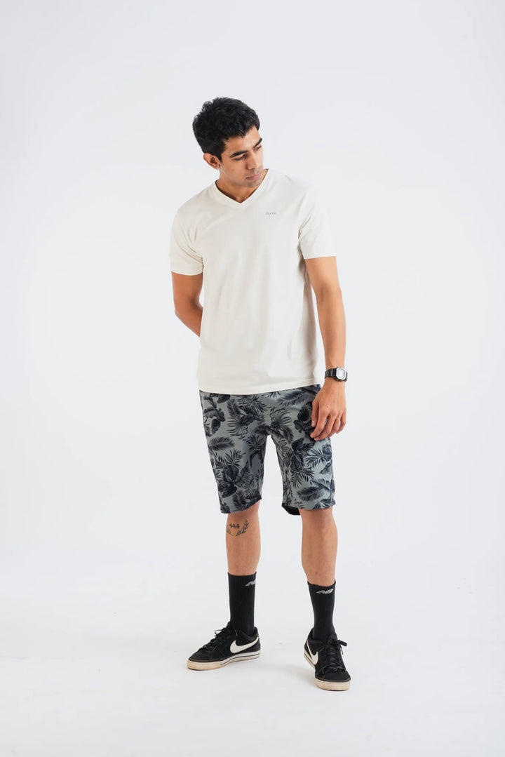 Cotton Grey Black Leaf Printed Woven Shorts for Men