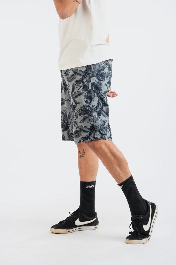 Cotton Grey Black Leaf Printed Woven Shorts for Men