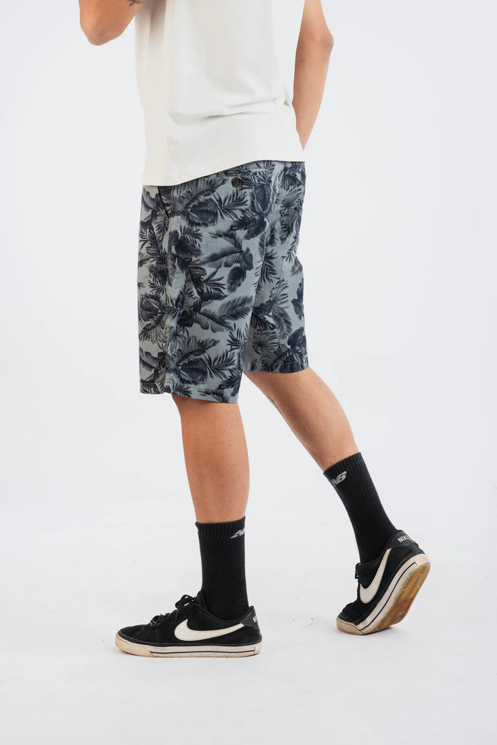 Cotton Grey Black Leaf Printed Woven Shorts for Men