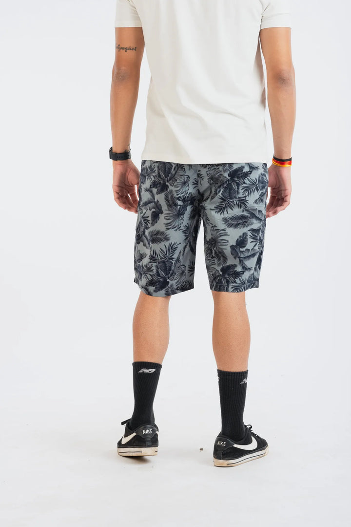 Cotton Grey Black Leaf Printed Woven Shorts for Men