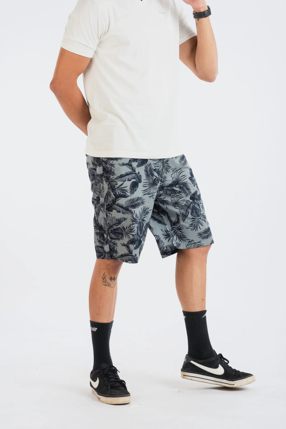 Cotton Grey Black Leaf Printed Woven Shorts for Men