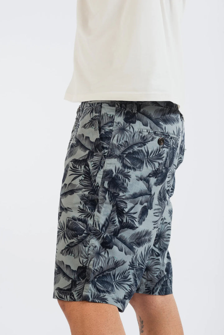 Cotton Grey Black Leaf Printed Woven Shorts for Men