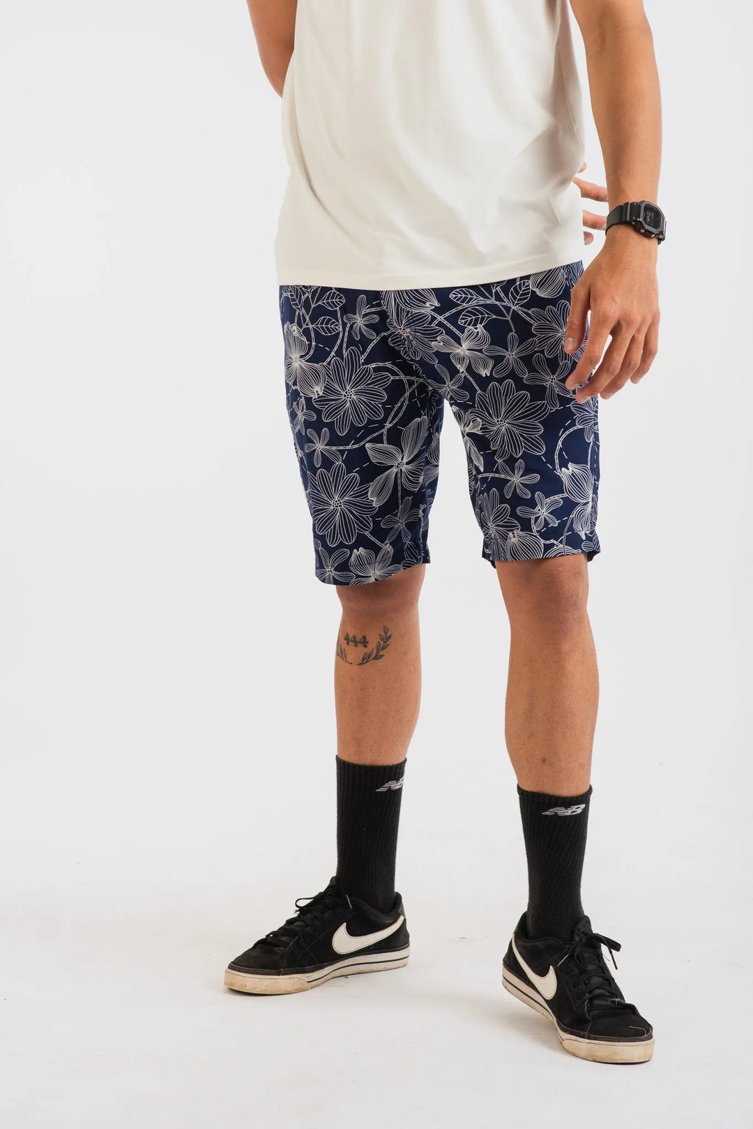 Cotton Navy White Floral Printed Woven Shorts for Men