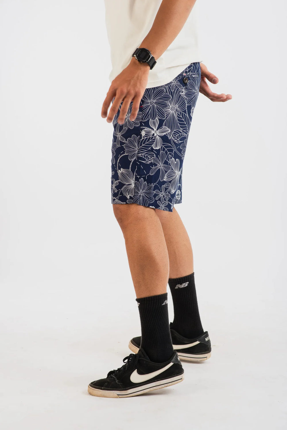 Cotton Navy White Floral Printed Woven Shorts for Men