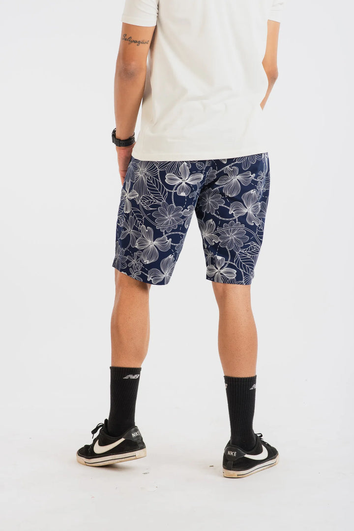 Cotton Navy White Floral Printed Woven Shorts for Men