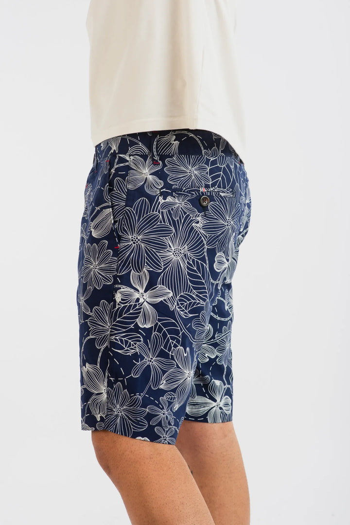 Cotton Navy White Floral Printed Woven Shorts for Men