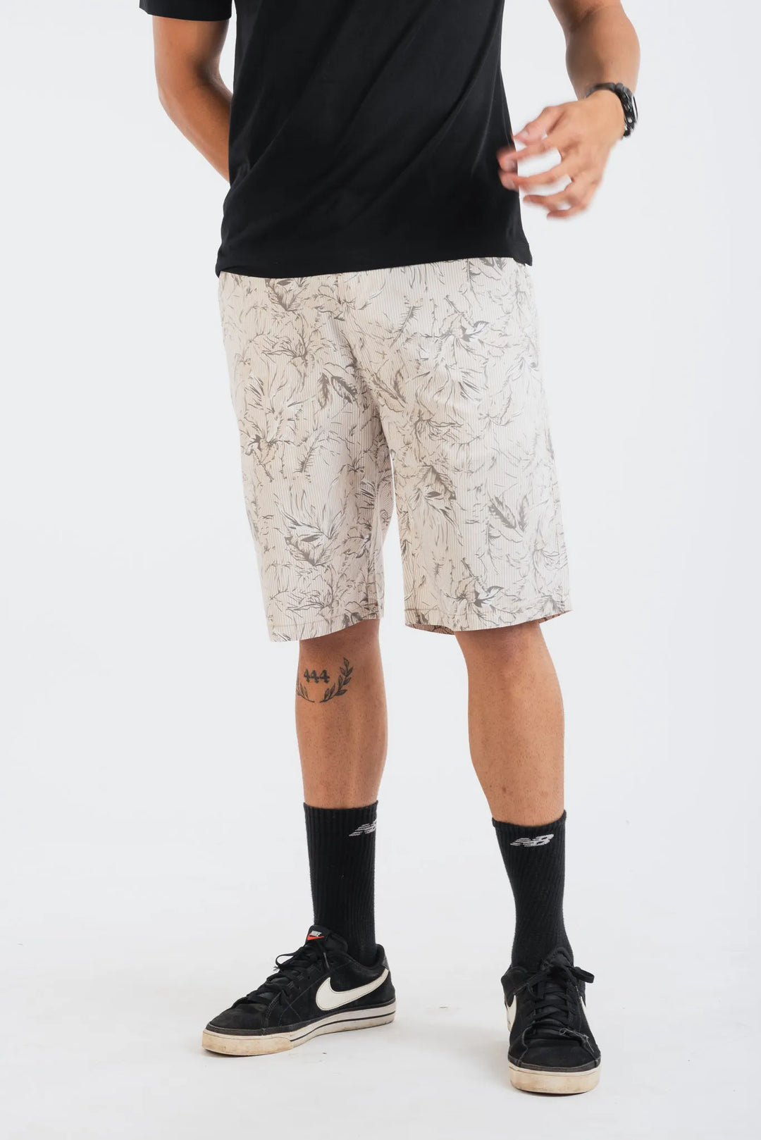 Cotton Ecru Grey Floral Printed Woven Shorts for Men