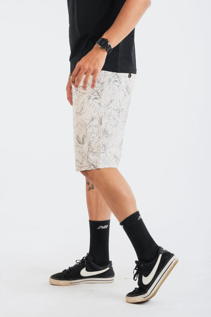 Cotton Ecru Grey Floral Printed Woven Shorts for Men