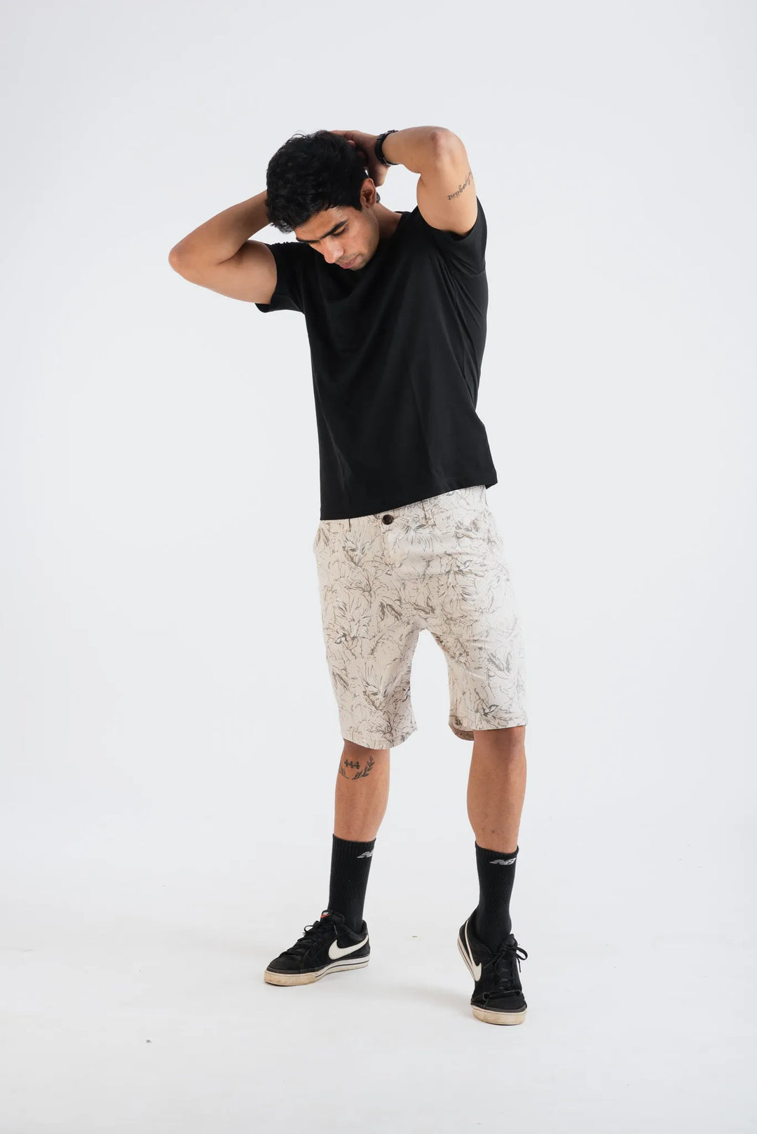 Cotton Ecru Grey Floral Printed Woven Shorts for Men