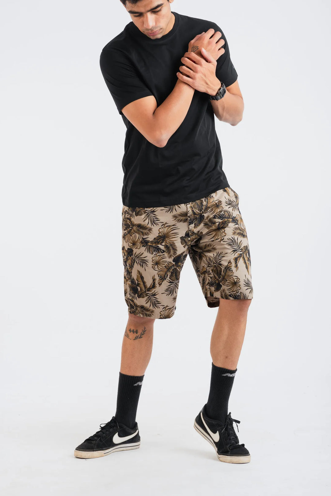 Cotton Khaki Black Leaf Printed Woven Shorts for Men