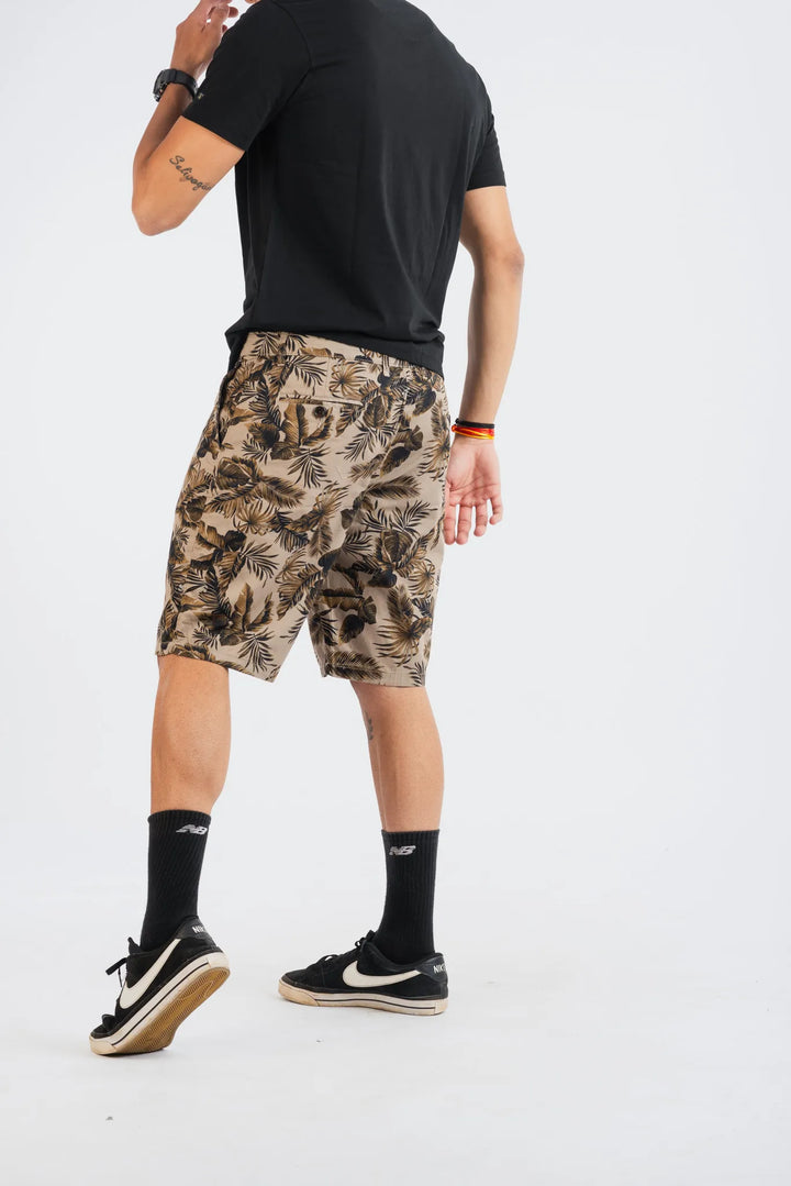 Cotton Khaki Black Leaf Printed Woven Shorts for Men