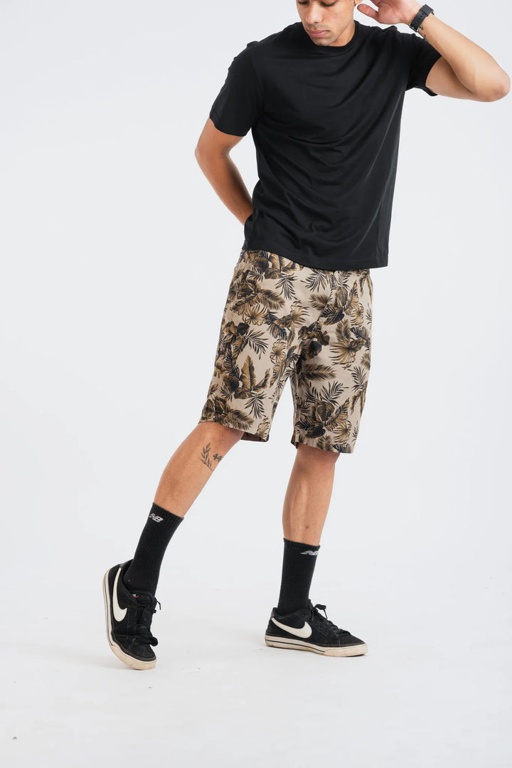 Cotton Khaki Black Leaf Printed Woven Shorts for Men
