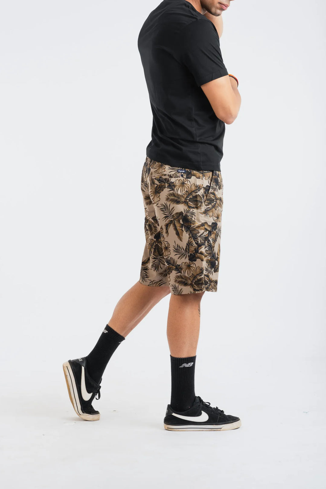 Cotton Khaki Black Leaf Printed Woven Shorts for Men