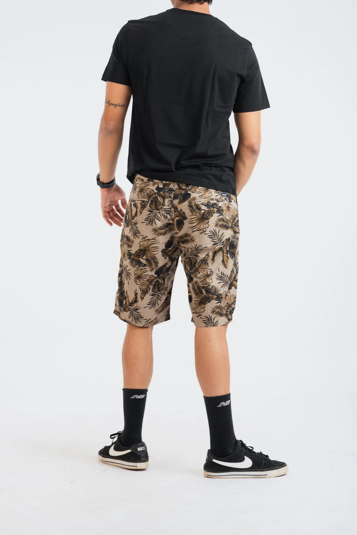 Cotton Khaki Black Leaf Printed Woven Shorts for Men