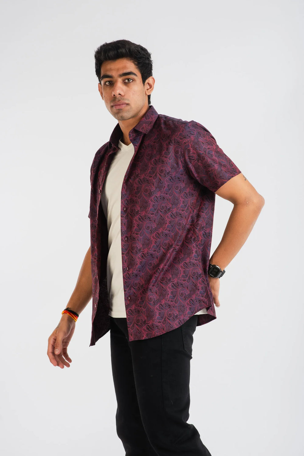 Giza Cotton Pink Classic Textured Short Sleeve Shirt for Men