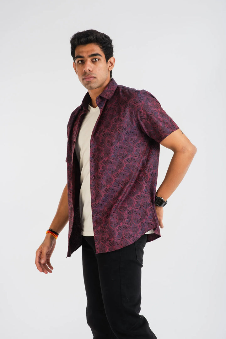Giza Cotton Pink Classic Textured Short Sleeve Shirt for Men