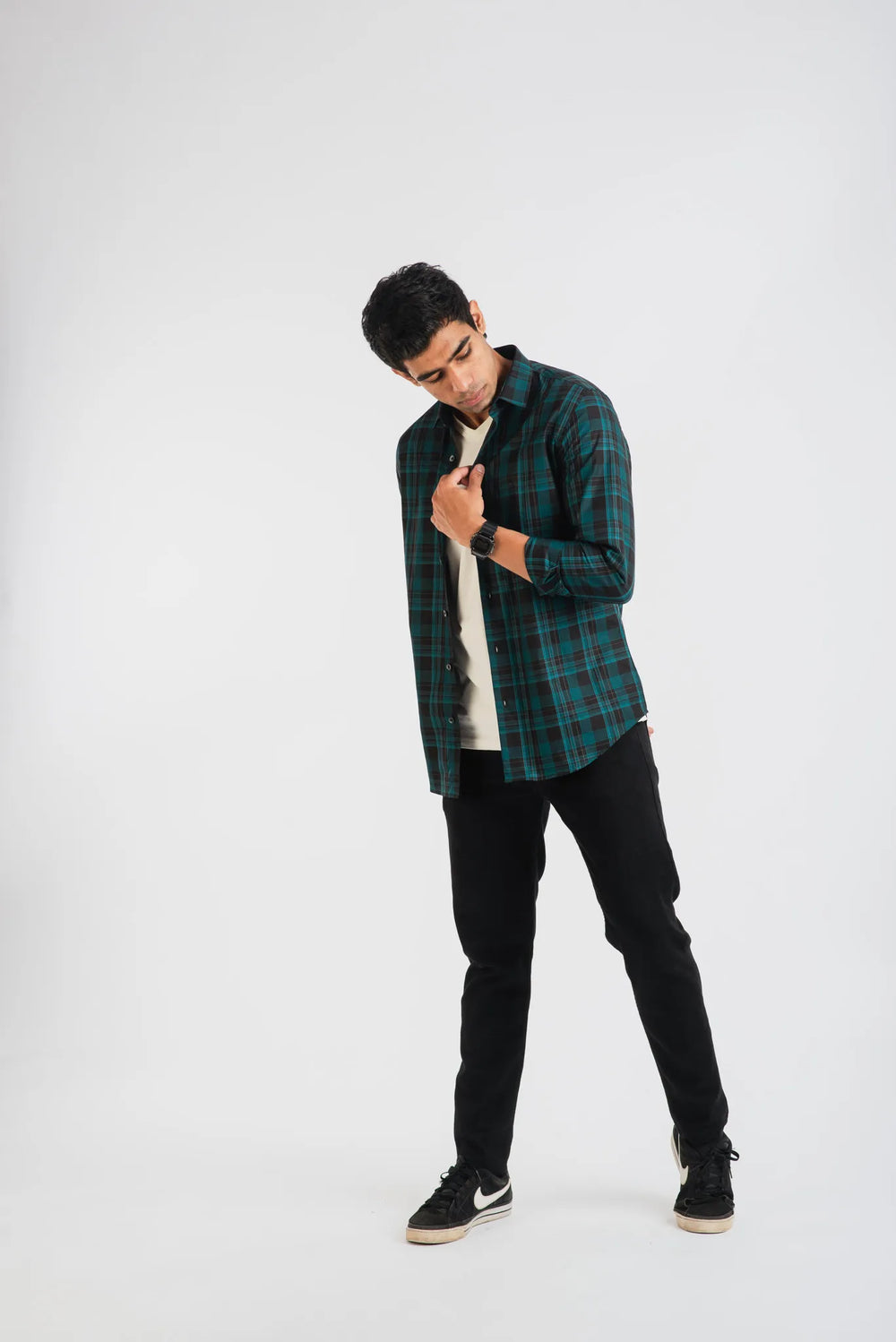 Giza Cotton Sea Green Big Box Plaid Long Sleeve Shirt for Men