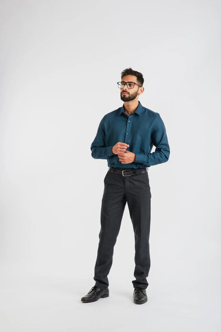 Giza Cotton Navy Hounds Tooth Textured Long Sleeve Shirt for Men