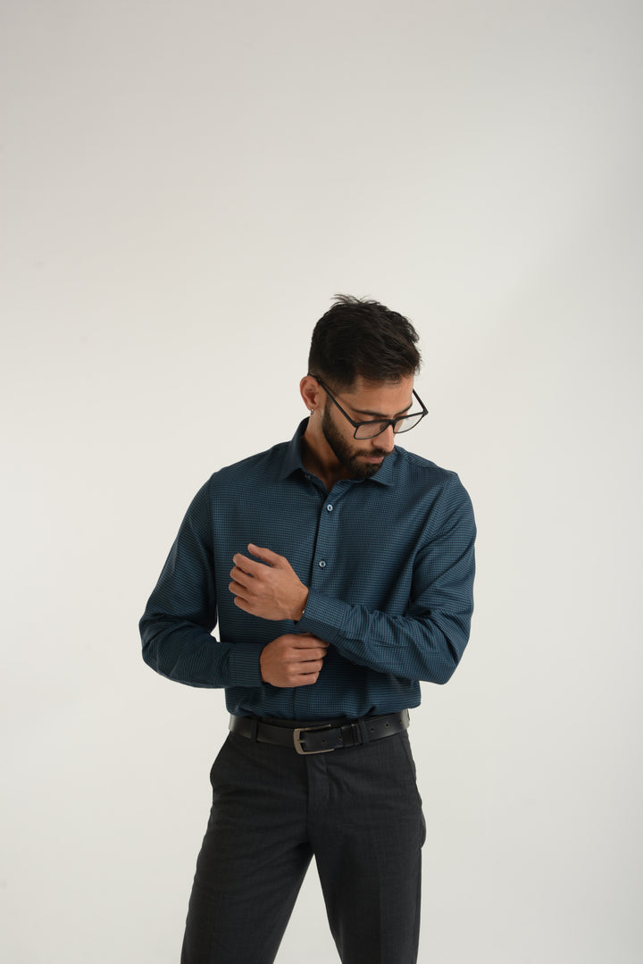 Giza Cotton Navy Hounds Tooth Textured Long Sleeve Shirt for Men
