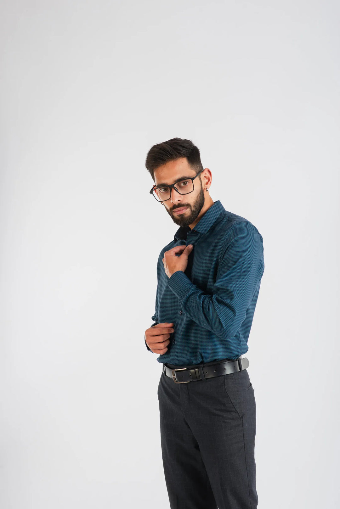 Giza Cotton Navy Hounds Tooth Textured Long Sleeve Shirt for Men