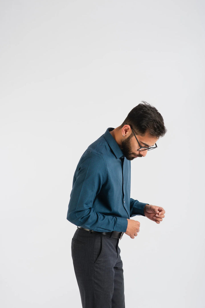 Giza Cotton Navy Hounds Tooth Textured Long Sleeve Shirt for Men