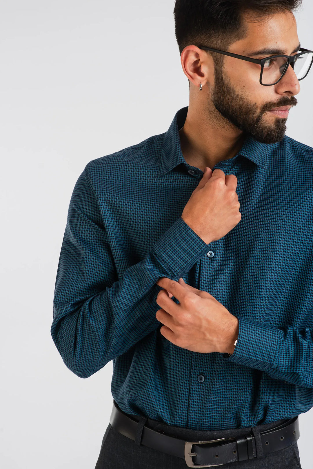 Giza Cotton Navy Hounds Tooth Textured Long Sleeve Shirt for Men