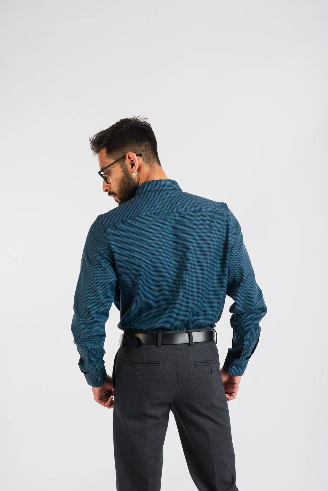 Giza Cotton Navy Hounds Tooth Textured Long Sleeve Shirt for Men