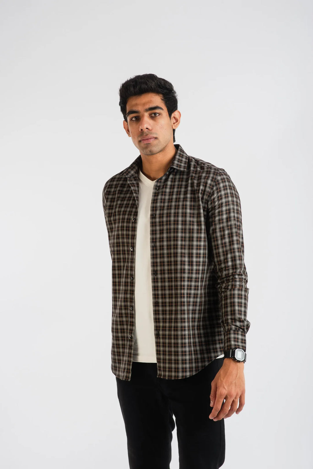 Giza Cotton White Brown Small Plaid Long Sleeve Shirt - Mens Flannel Shirt