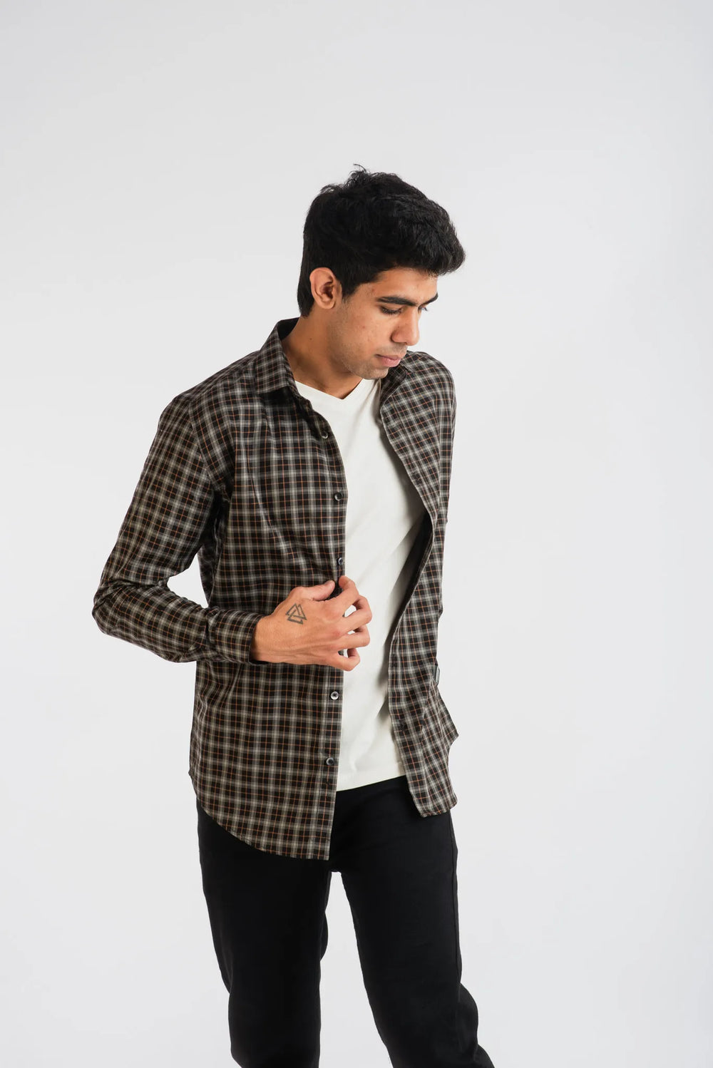 Giza Cotton White Brown Small Plaid Long Sleeve Shirt - Mens Flannel Shirt