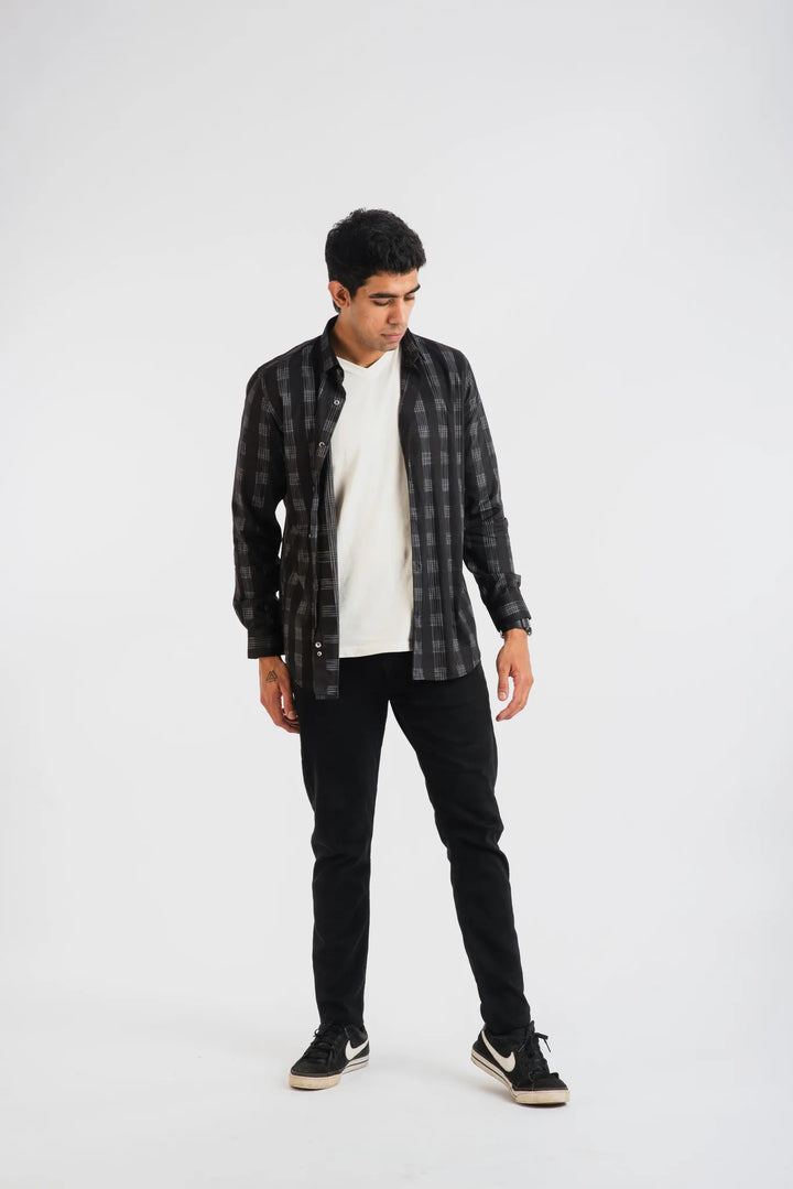 Giza Cotton Black White Texture Plaid Long sleeve Shirt for Men