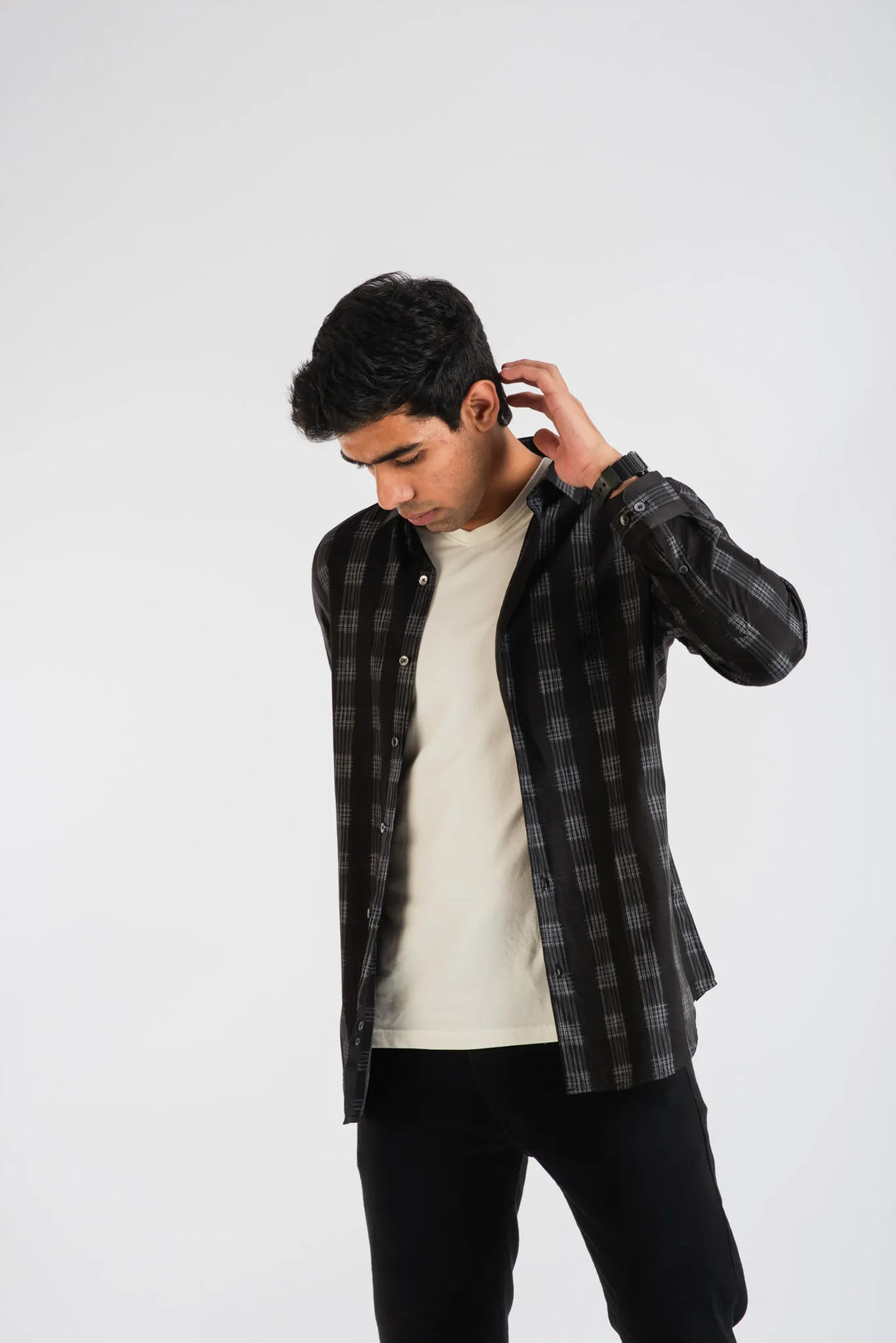 Giza Cotton Black White Texture Plaid Long sleeve Shirt for Men