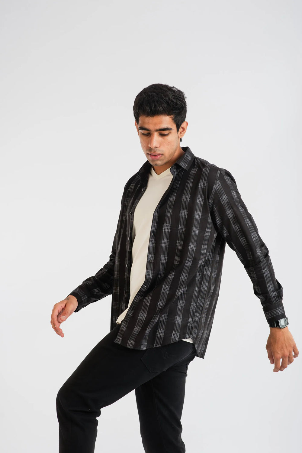 Giza Cotton Black White Texture Plaid Long sleeve Shirt for Men