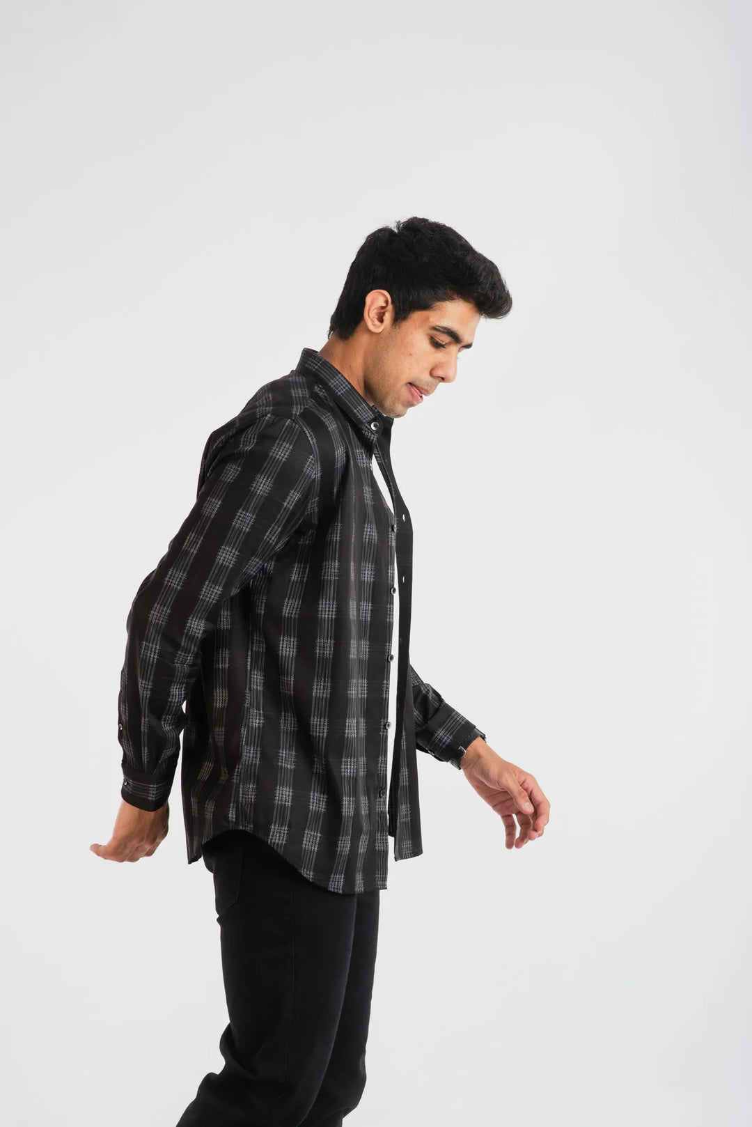 Giza Cotton Black White Texture Plaid Long sleeve Shirt for Men