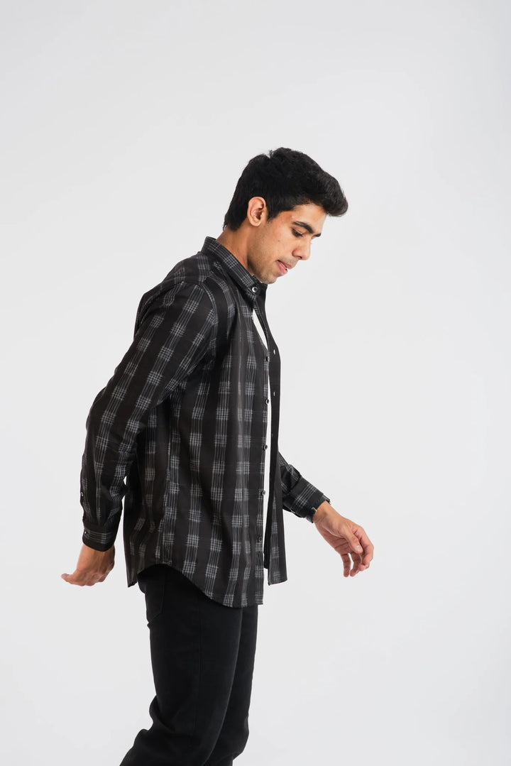 Giza Cotton Black White Texture Plaid Long sleeve Shirt for Men