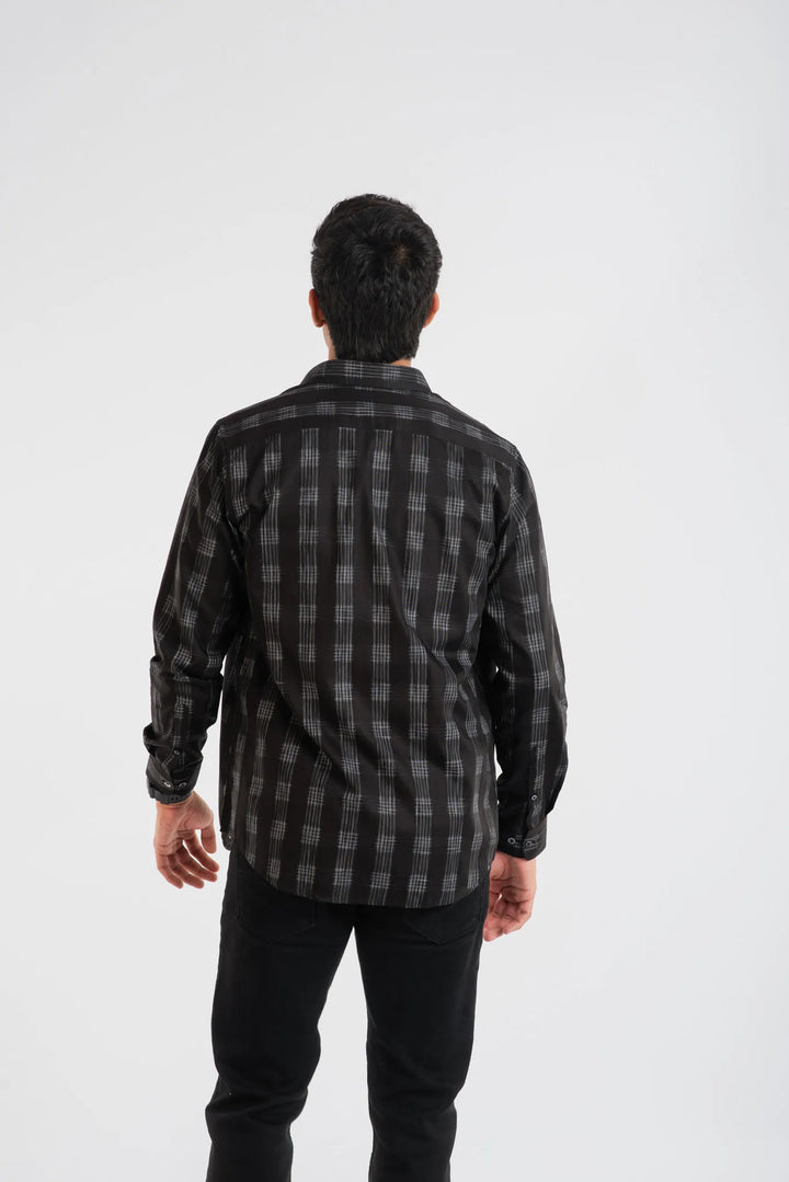 Giza Cotton Black White Texture Plaid Long sleeve Shirt for Men