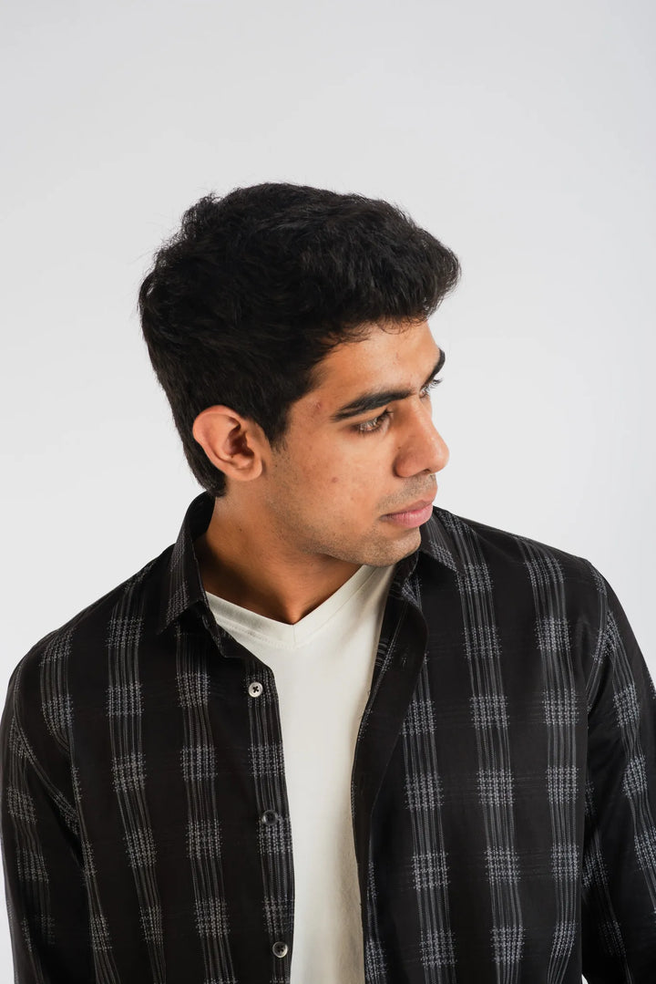 Giza Cotton Black White Texture Plaid Long sleeve Shirt for Men