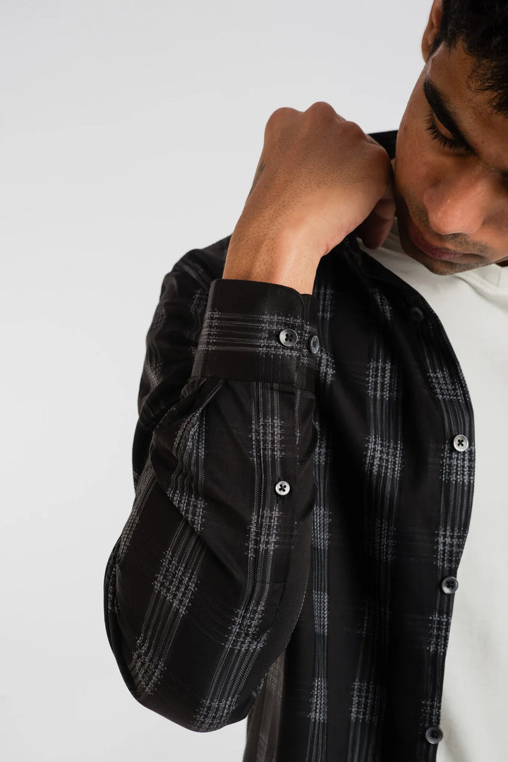 Giza Cotton Black White Texture Plaid Long sleeve Shirt for Men